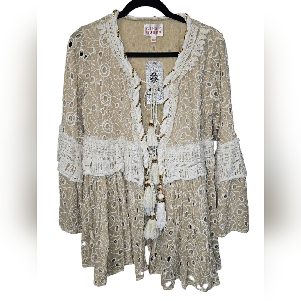 Gipsy Queen Barok Paris Boho Eyelet Lace Embroidered Open Tie-Front Cardigan Tan - Picture 4 of 16